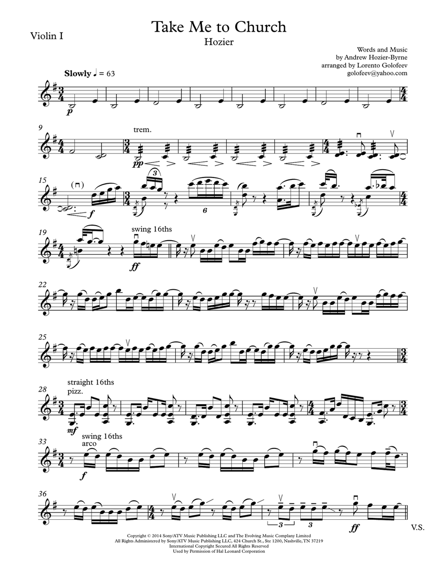 Take Me To Church String Quartet scores gallery preview page 1