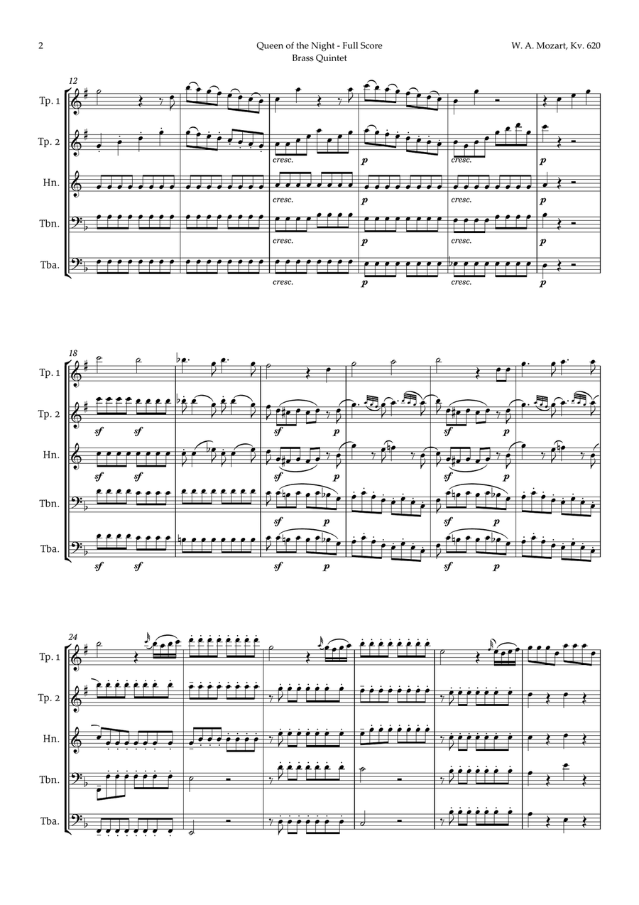 Queen of the Night Aria by Mozart for Brass Quintet Brass Quintet scores gallery preview page 2