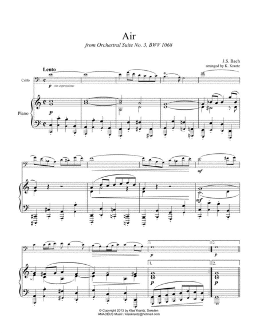 Air (on the G string) BWV 1068 for cello and piano Piano scores gallery preview page 2