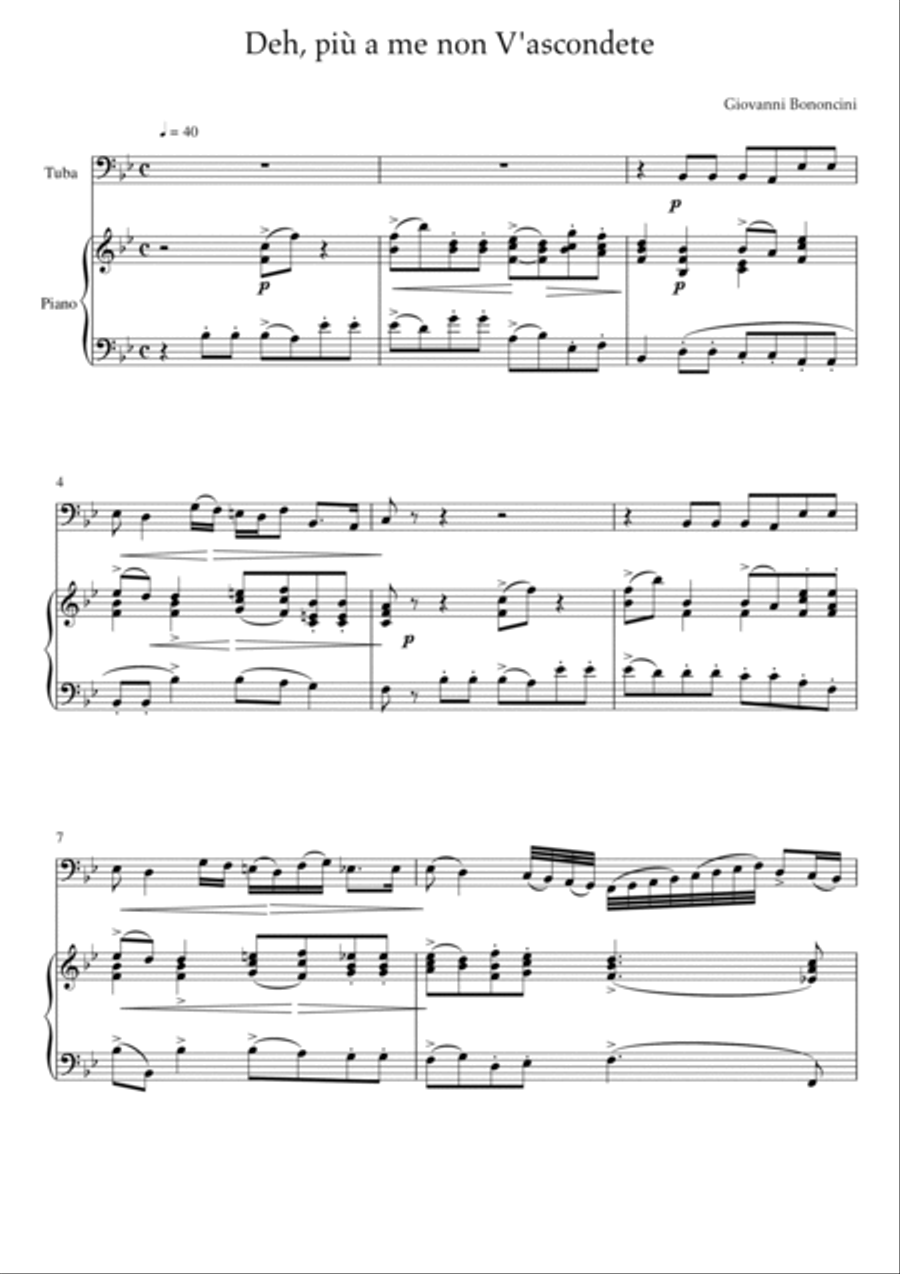 Giovanni Bononcini - Deh pi a me non v_asondete (Piano and Tuba) Small Ensemble scores gallery preview page 2