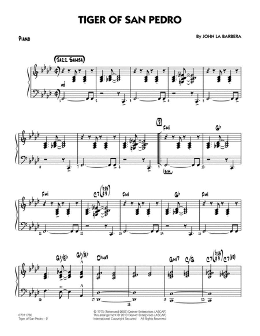 Tiger Of San Pedro - Piano