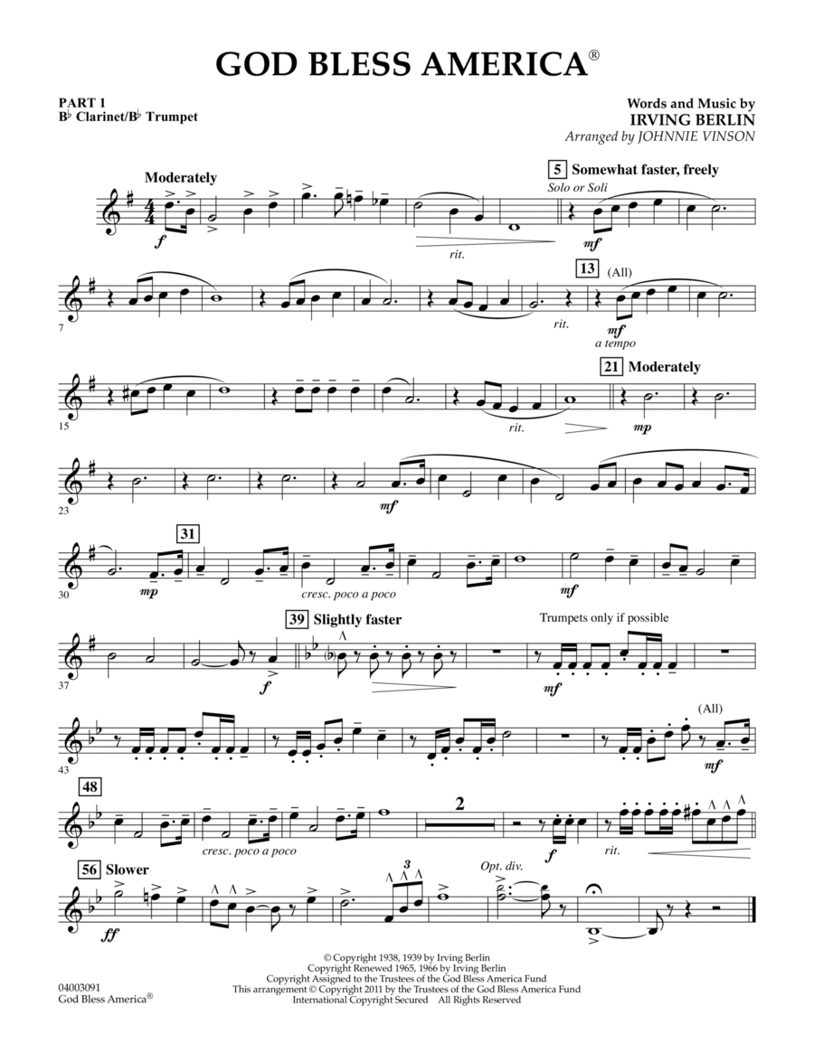God Bless America - Pt.1 - Bb Clarinet/Bb Trumpet Concert Band scores gallery preview page 1
