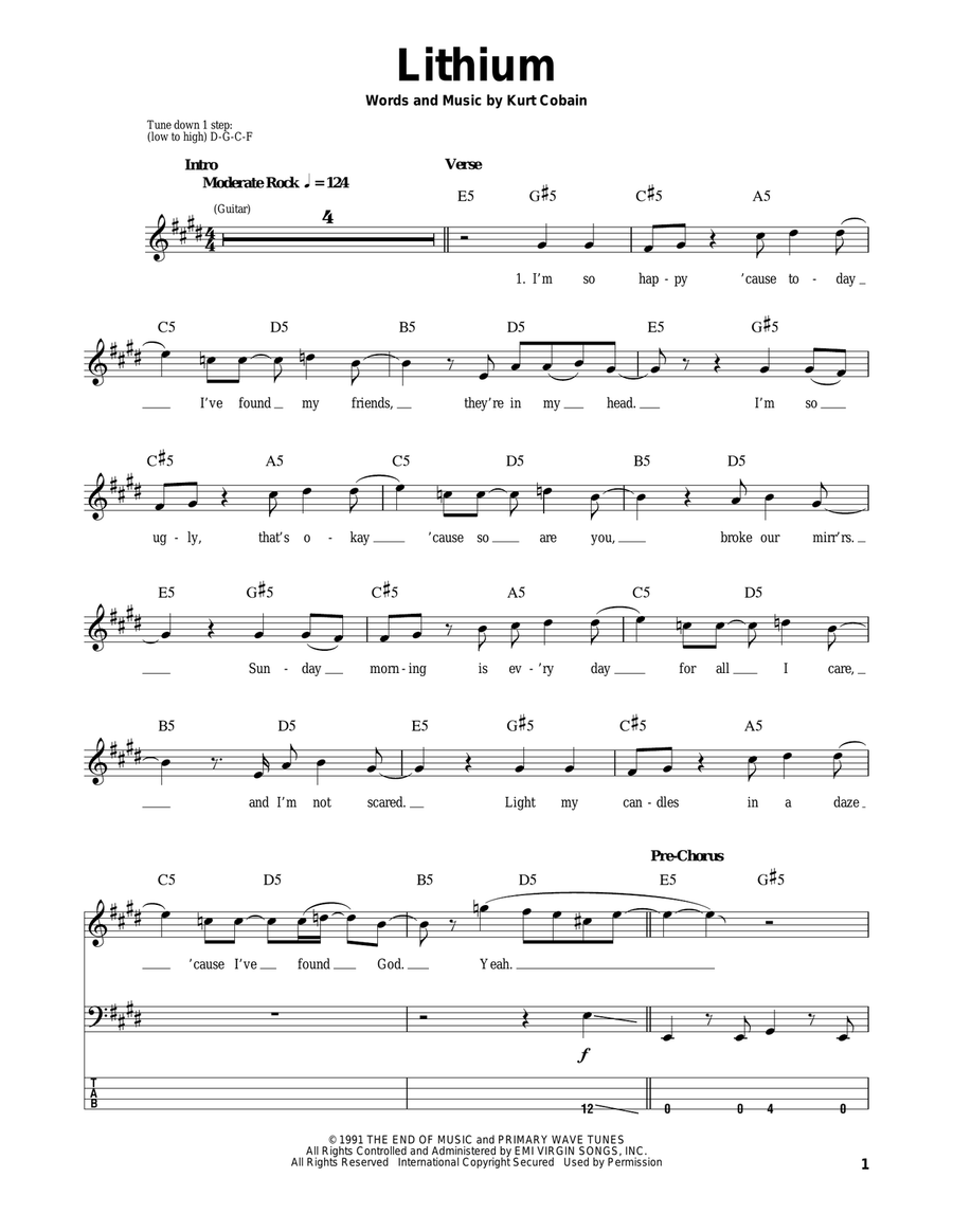 Lithium Bass Guitar Tablature scores gallery preview page 1