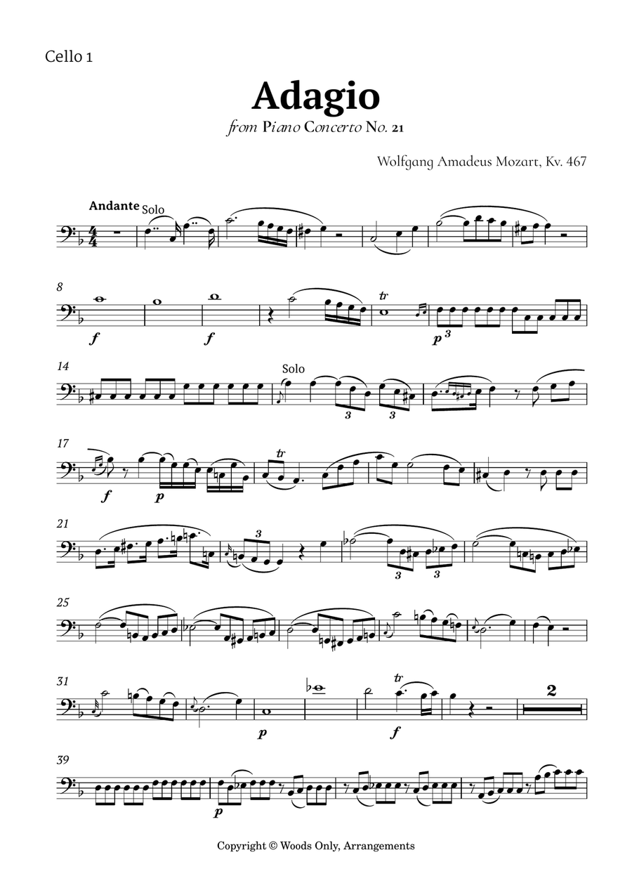 Andante from Piano Concerto No. 21 by Mozart for Cello Quartet String Quartet scores gallery preview page 6