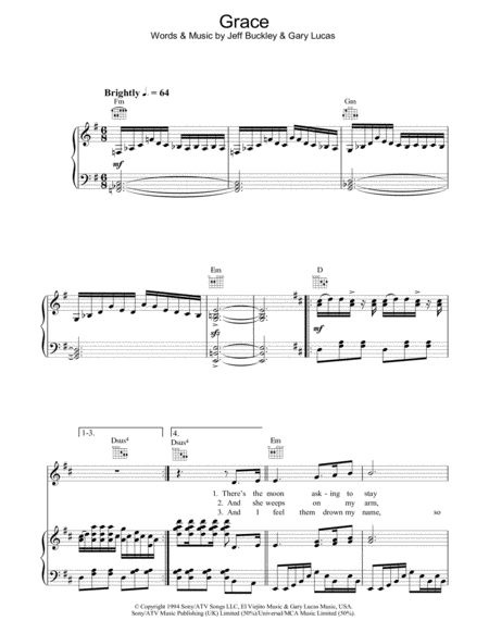 Grace by Jeff Buckley - Piano, Vocal, Guitar - Digital Sheet Music
