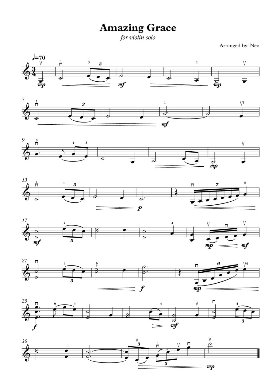 Amazing Grace ( for Violin Solo , unaccompaniment ) ( Intermediate Level ) Violin Solo scores gallery preview page 1