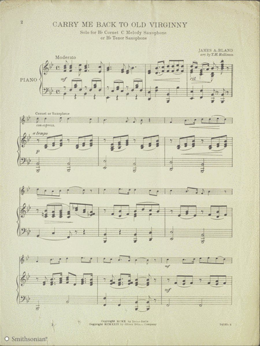 Carry me Back to Old Virginny Piano, Vocal scores gallery preview page 2