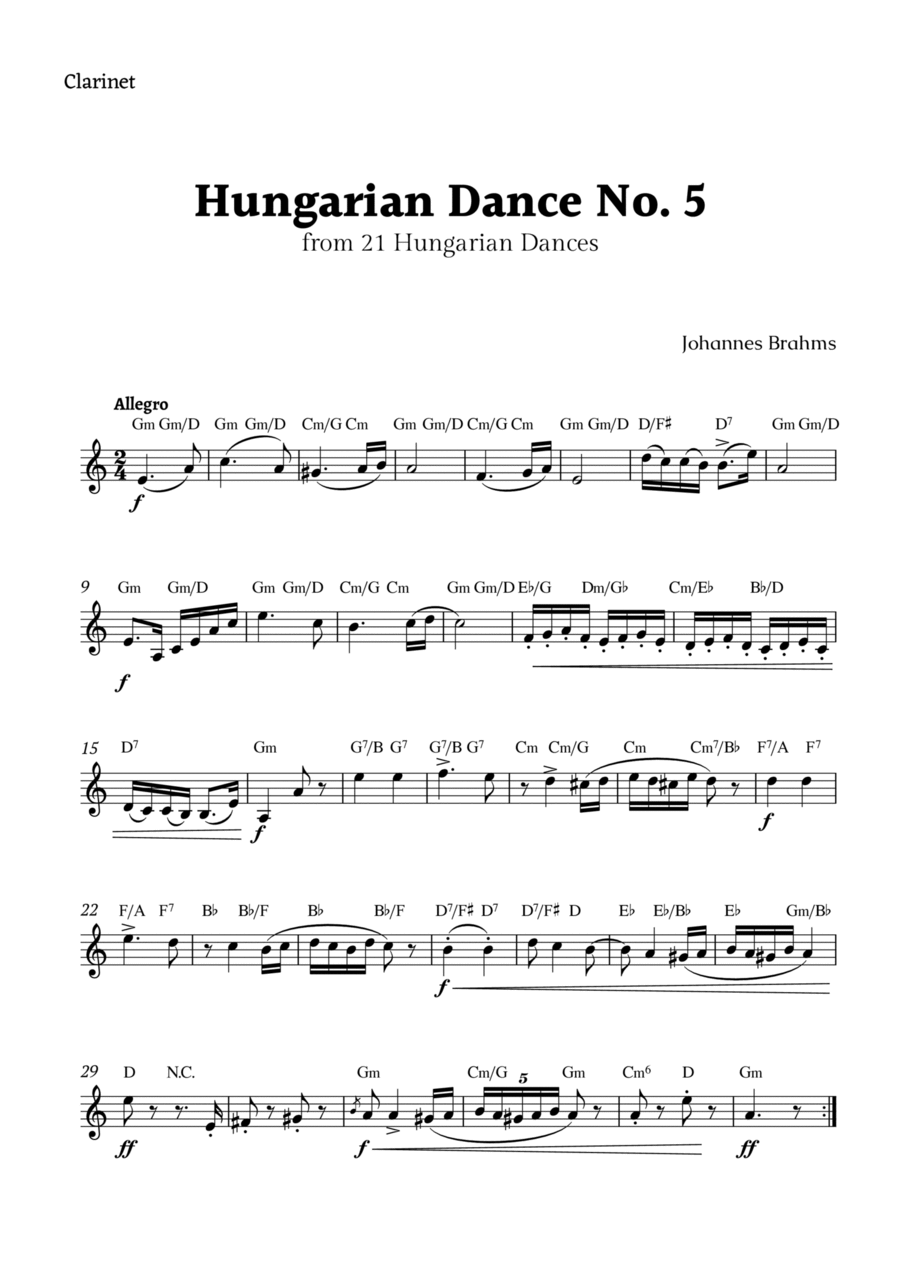 Hungarian Dance No. 5 by Brahms for Clarinet Solo Chamber Music scores gallery preview page 1