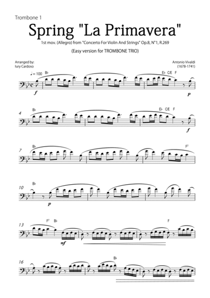 "Spring" (La Primavera) by Vivaldi - Easy version for TROMBONE TRIO image number null