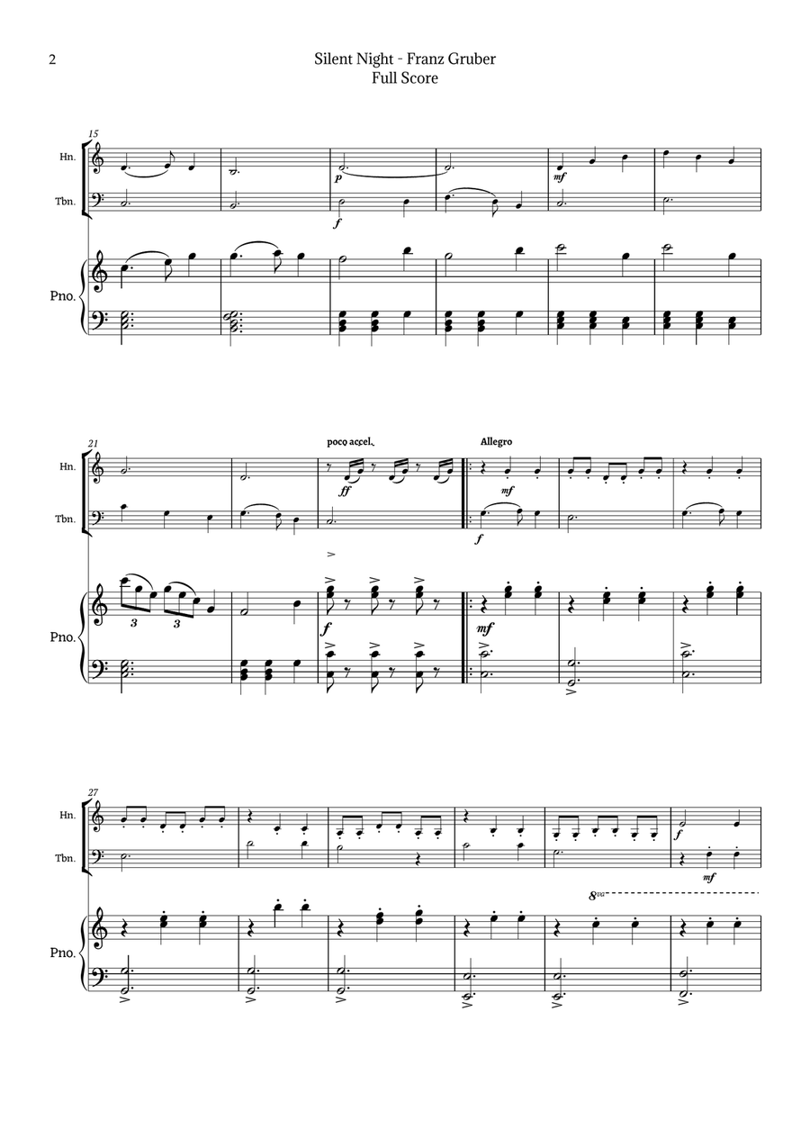 Silent Night for Horn and Trombone Duet with Piano Brass Duet scores gallery preview page 2