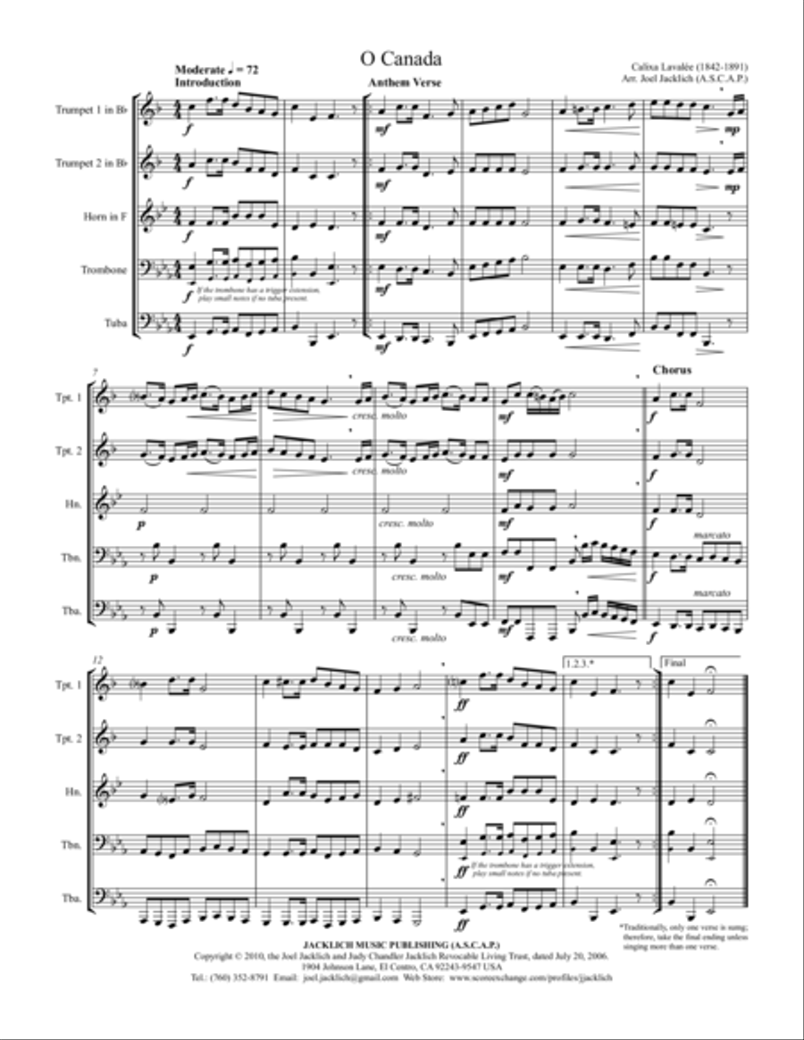 O Canada (Brass Quintet or Brass Quartet) Brass Quartet scores gallery preview page 1