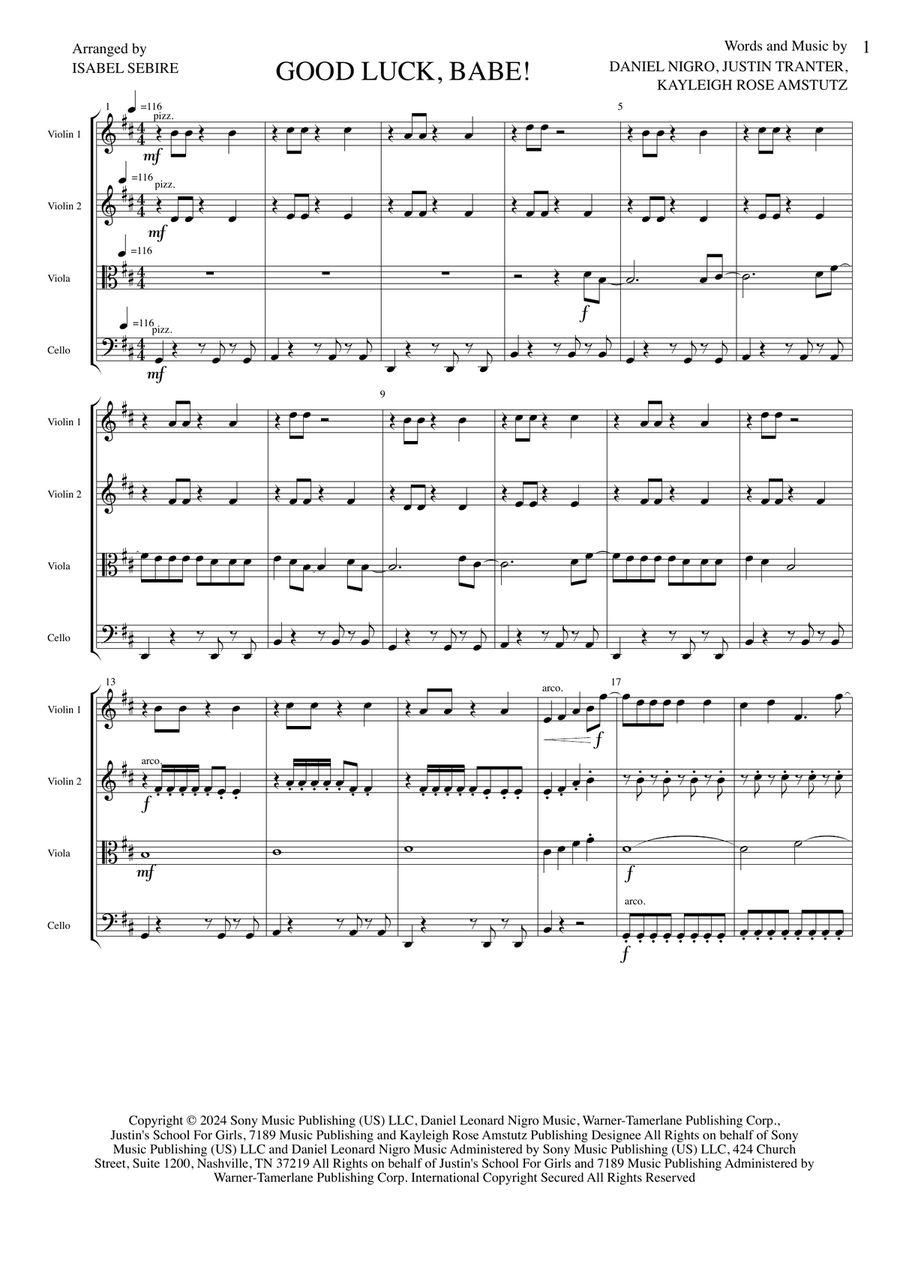 Good Luck, Babe! Good Luck, Babe! String Quartet scores gallery preview page 1