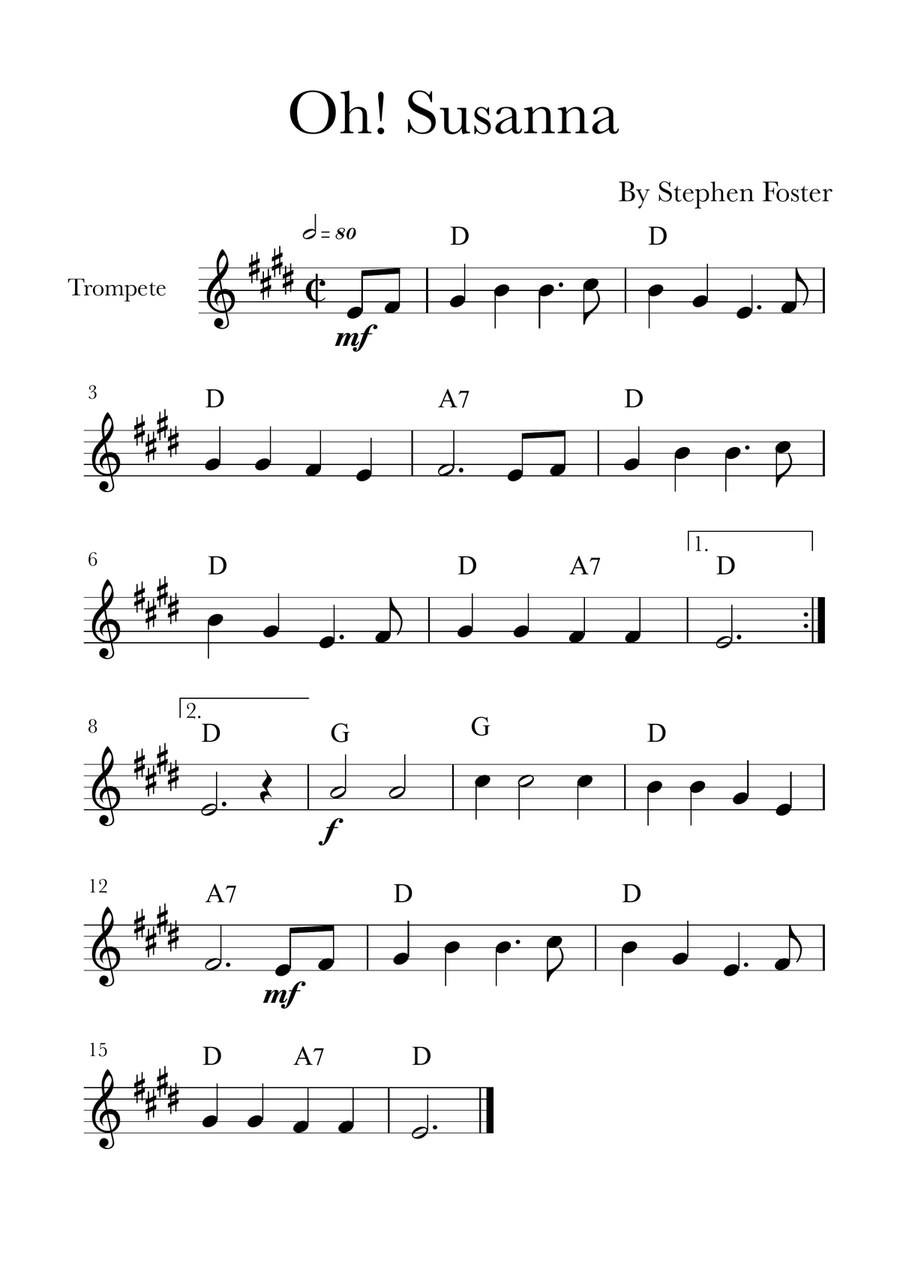 Oh! Susanna B-Flat Trumpet scores gallery preview page 1