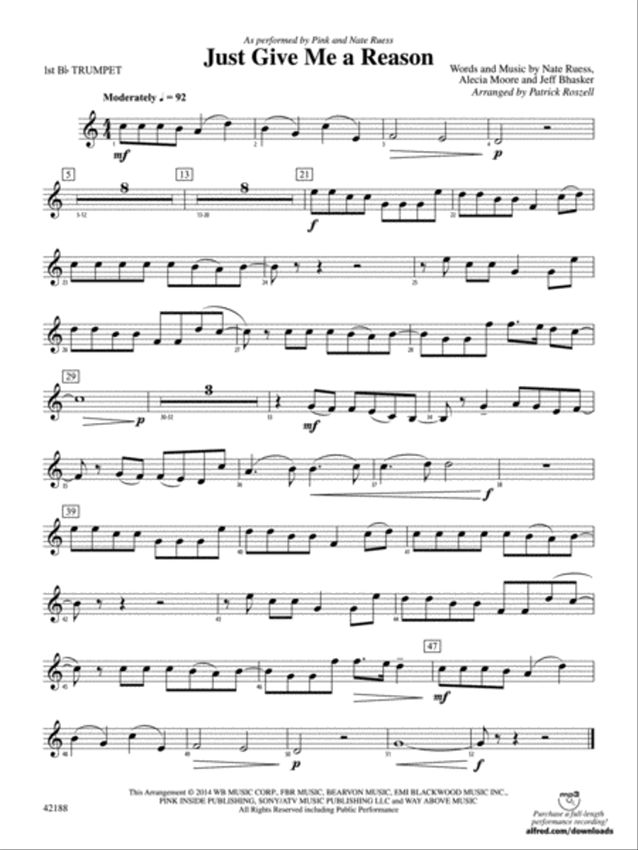 Just Give Me a Reason: 1st B-flat Trumpet Concert Band scores gallery preview page 1