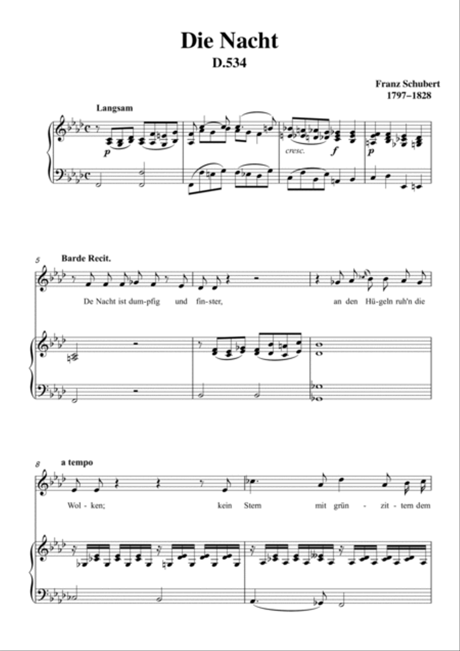 Schubert-Die Nacht in f minor,D.534,for Vocal and Piano Voice scores gallery preview page 2