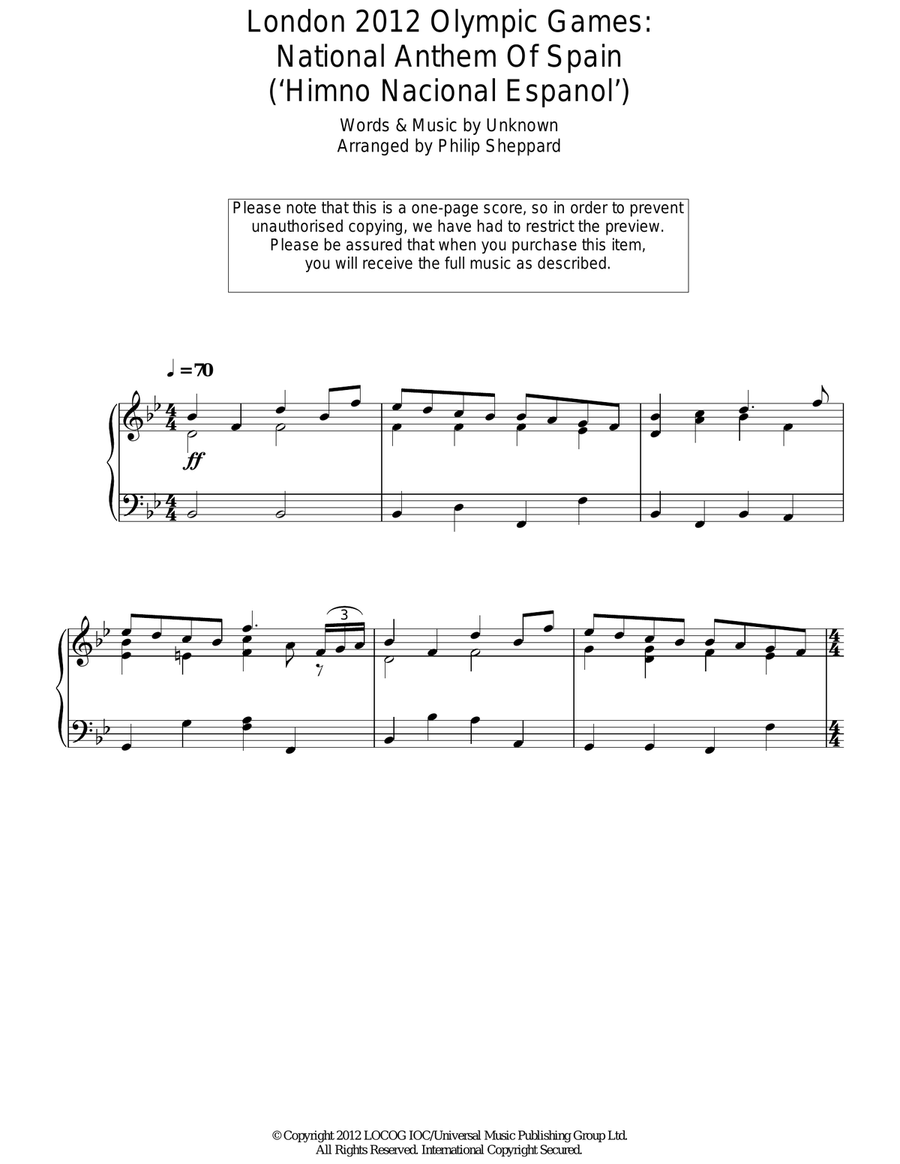 London 2012 Olympic Games: National Anthem Of Spain ('Himno Nacional Espanol') Piano Solo scores gallery preview page 1