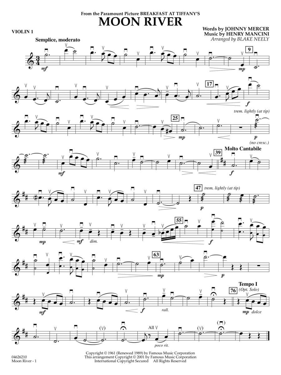 Moon River (from Breakfast at Tiffany's) (arr. Blake Neely) - Violin 1 String Orchestra scores gallery preview page 1