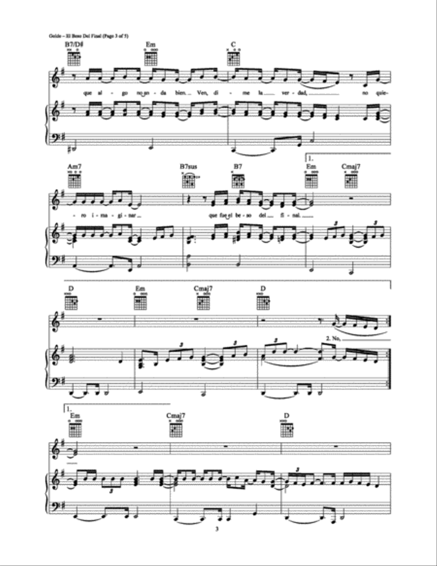 El Beso Del Final Piano, Vocal, Guitar scores gallery preview page 3
