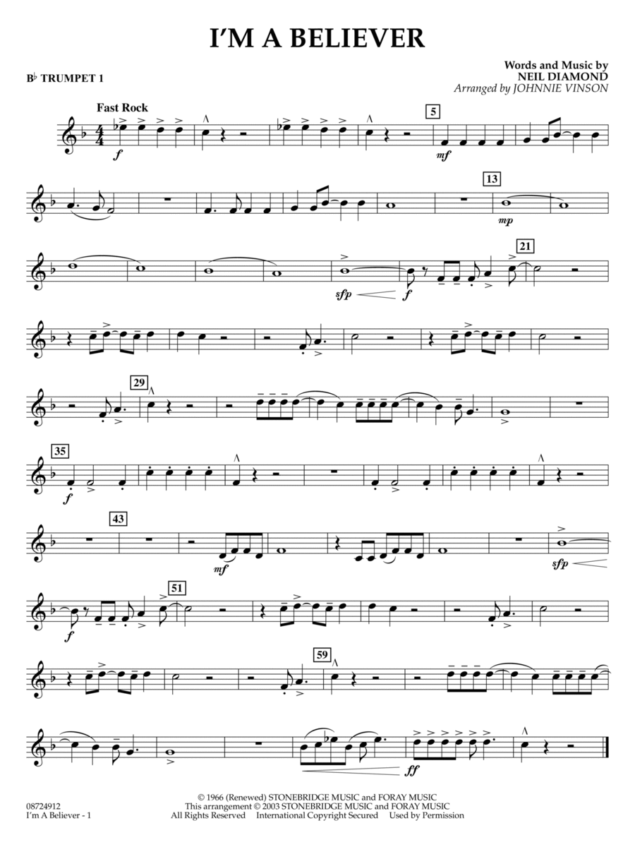 I'm a Believer (arr. Johnnie Vinson) - Bb Trumpet 1