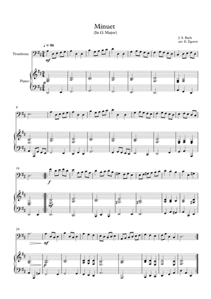 Minuet (In G Major), Johann Sebastian Bach, For Trombone & Piano image number null