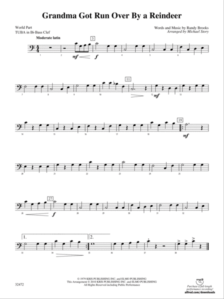 Grandma Got Run Over by a Reindeer: (World Part) B-flat Tuba B.C. Concert Band scores gallery preview page 1