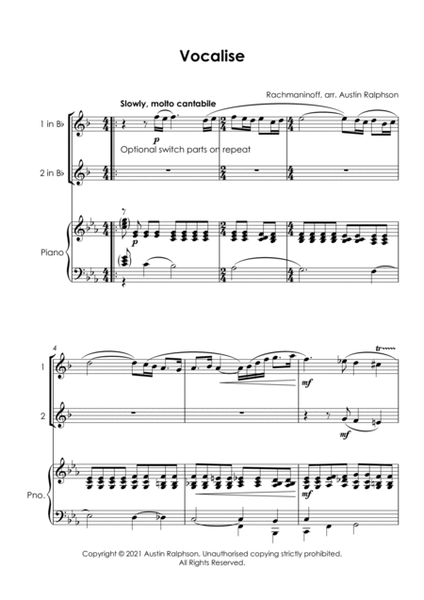 Vocalise (Rachmaninoff) - trumpet duet and piano with FREE BACKING TRACK image number null