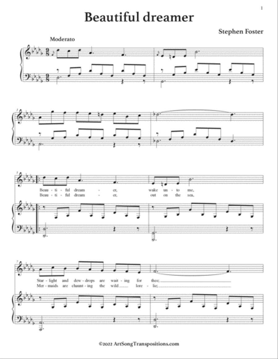 FOSTER: Beautiful dreamer (transposed to D-flat major) Voice scores gallery preview page 2