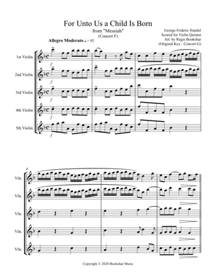 Book cover for For Unto Us a Child is Born (from "Messiah") (F) (Violin Quintet)
