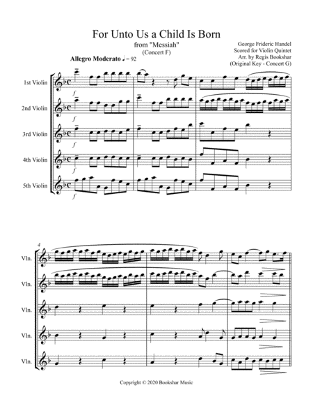For Unto Us a Child is Born (from "Messiah") (F) (Violin Quintet)