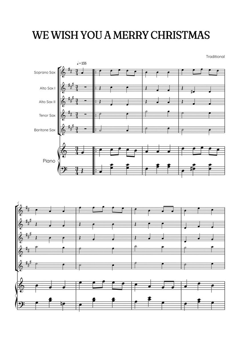 We Wish You a Merry Christmas for Sax Quintet & Piano • easy Christmas sheet music image number null