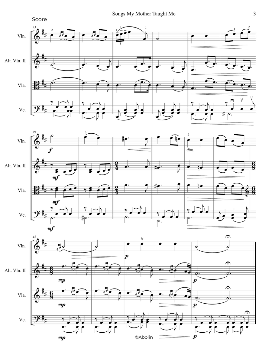 Dvorak: Songs My Mother Taught Me, Op.55 - String Trio, or 2 Violins and Cello String Trio scores gallery preview page 4