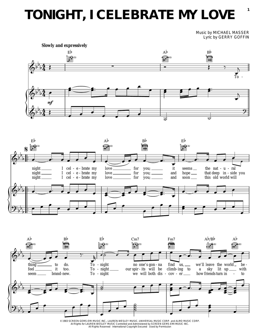 Tonight, I Celebrate My Love Piano, Vocal, Guitar scores gallery preview page 1