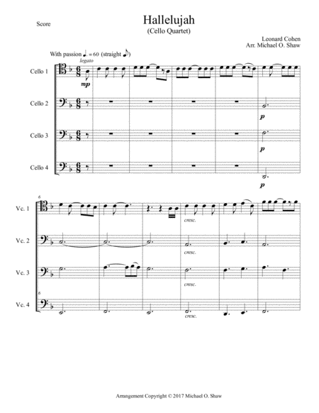 Hallelujah by Leonard Cohen for 4 cellos  Digital Sheet Music