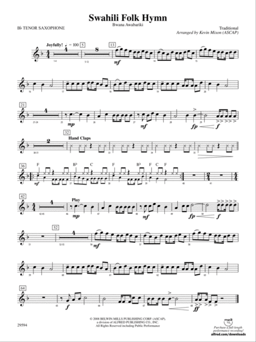 Swahili Folk Hymn (Bwana Awabariki): B-flat Tenor Saxophone Concert Band scores gallery preview page 1