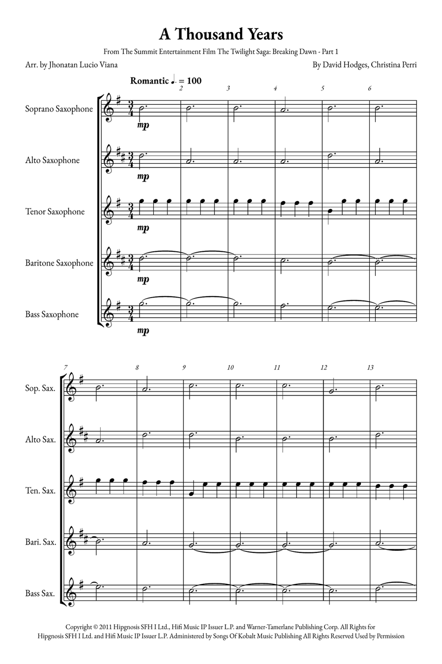 A Thousand Years Saxophone Quintet scores gallery preview page 1