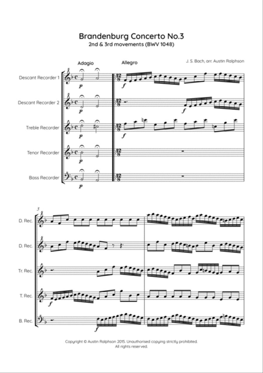 Brandenburg Concerto No.3, 2nd & 3rd movements - recorder quintet Soprano Recorder scores gallery preview page 3