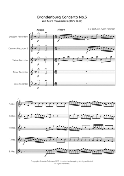 Brandenburg Concerto No.3, 2nd & 3rd movements - recorder quintet image number null