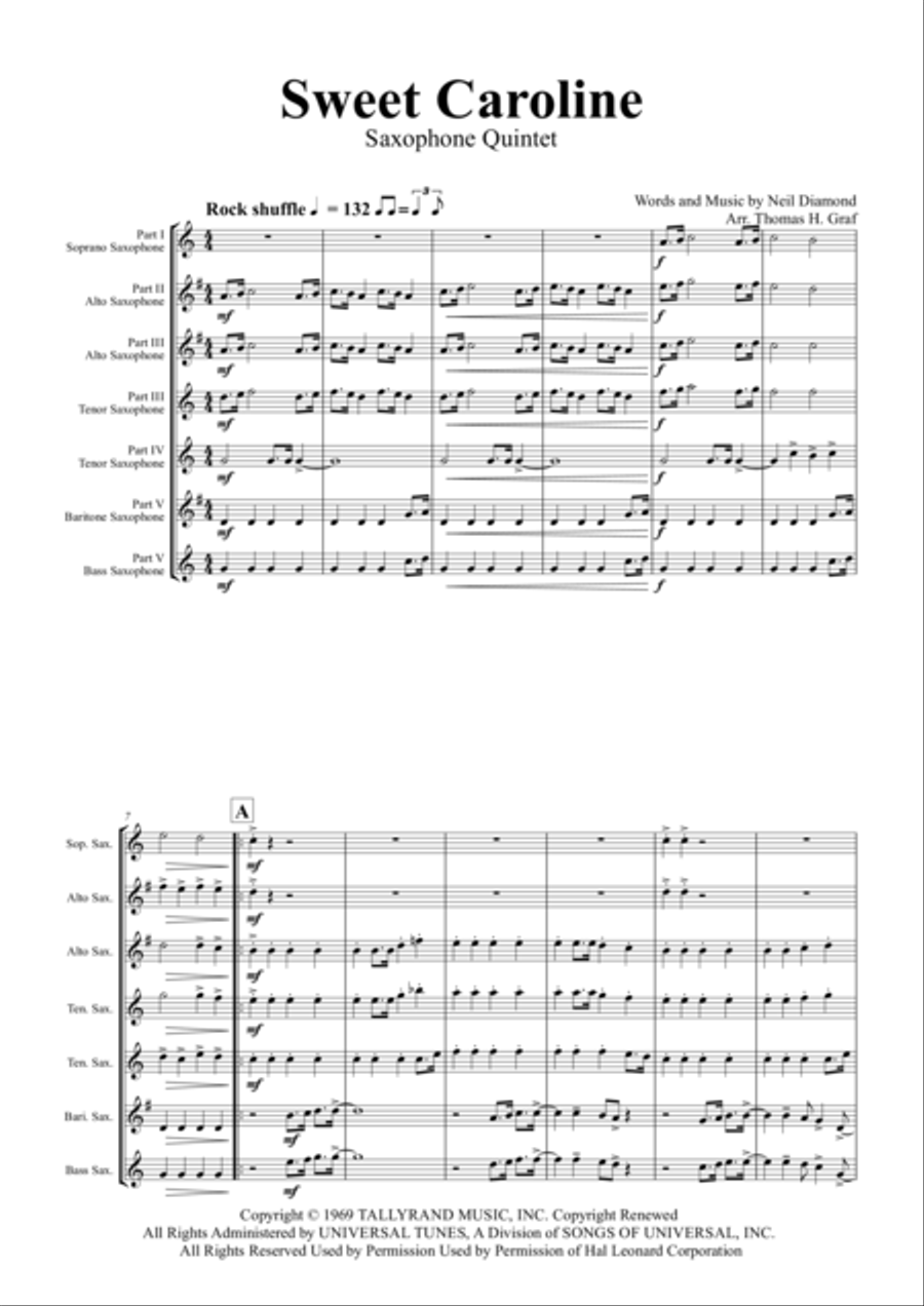 Sweet Caroline Saxophone Quintet scores gallery preview page 1