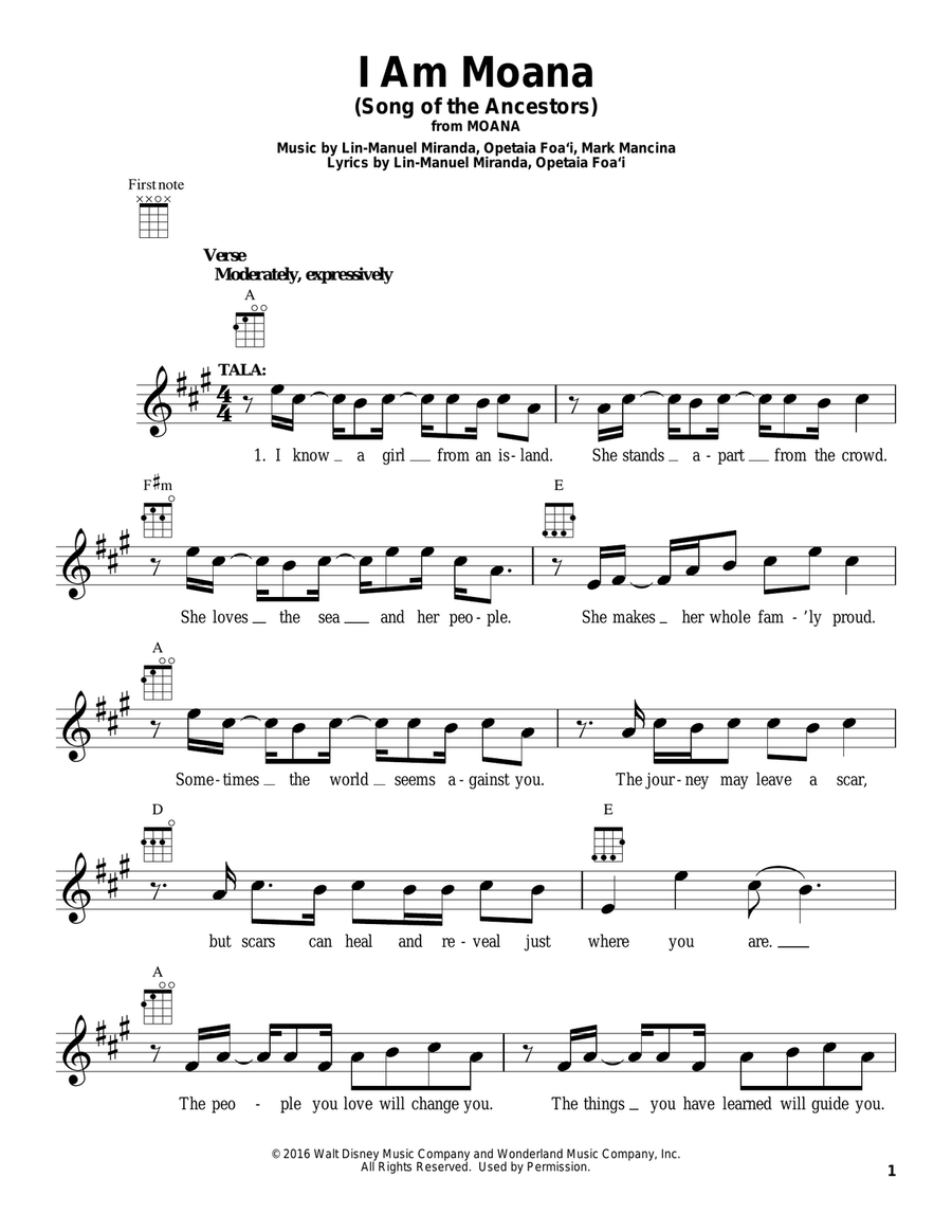 I Am Moana (Song Of The Ancestors) (from Moana) Ukulele scores gallery preview page 1