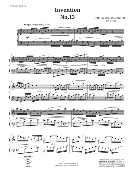 2-Part Invention No. 13 in A minor by J.S. BACH, BWV 784 for Solo Piano image number null