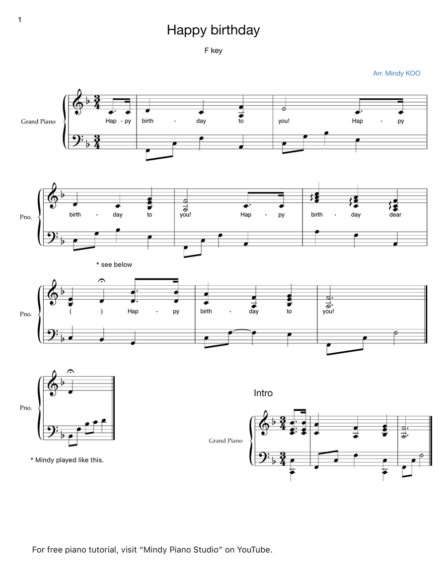 Happy Birthday - F key Piano, Vocal scores gallery preview page 1