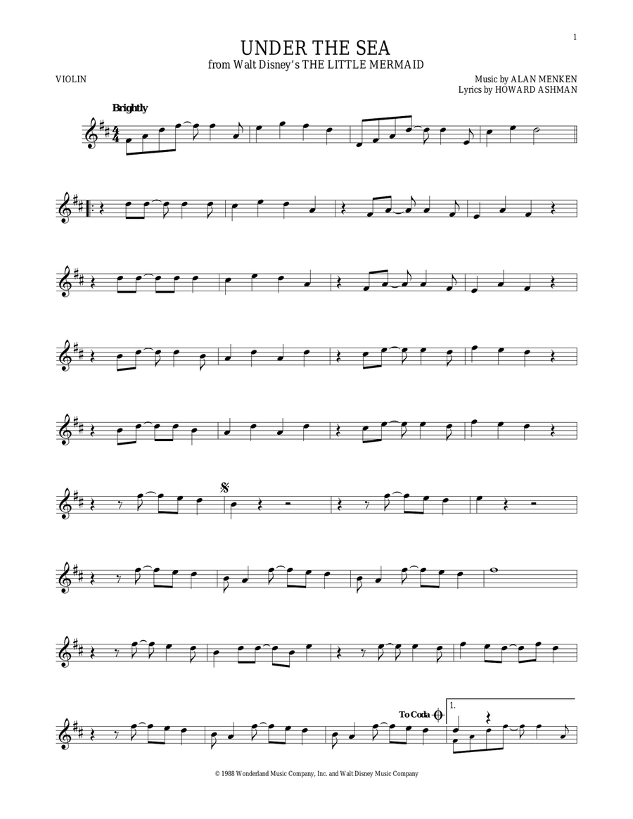 Under The Sea (from The Little Mermaid) Violin Solo scores gallery preview page 1