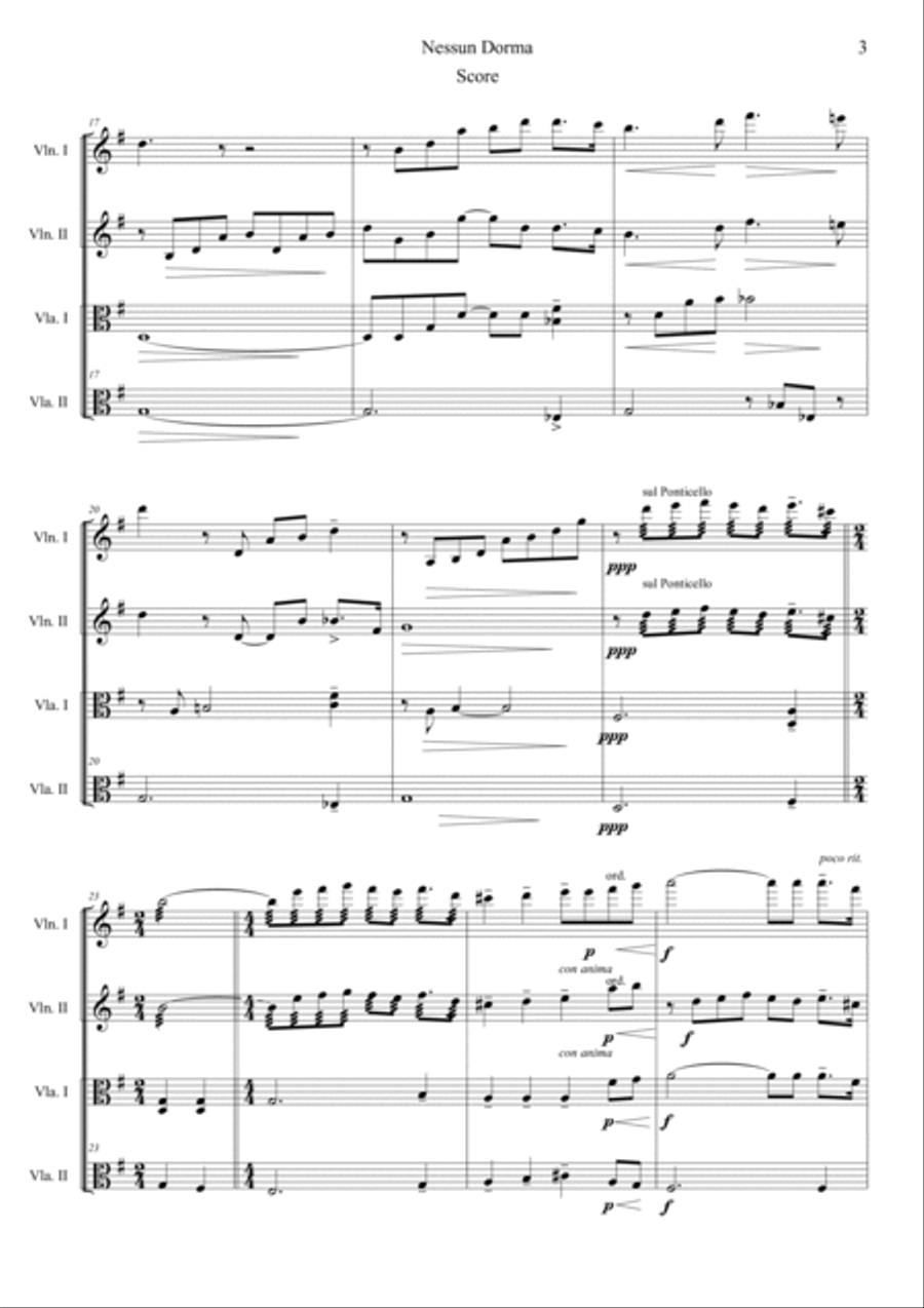 Nessun Dorma (Opera Turandot aria) String Quartet scores gallery preview page 3