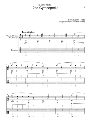Book cover for Erik Satie - 2nd Gymnopédie. Arrangement for Classical Guitar. Score and Tablature