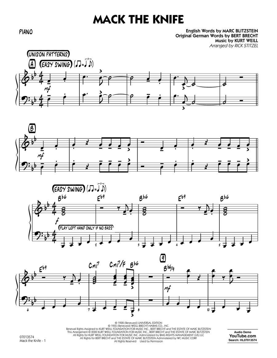 Mack The Knife (arr. Rick Stitzel) - Piano Jazz Ensemble scores gallery preview page 1
