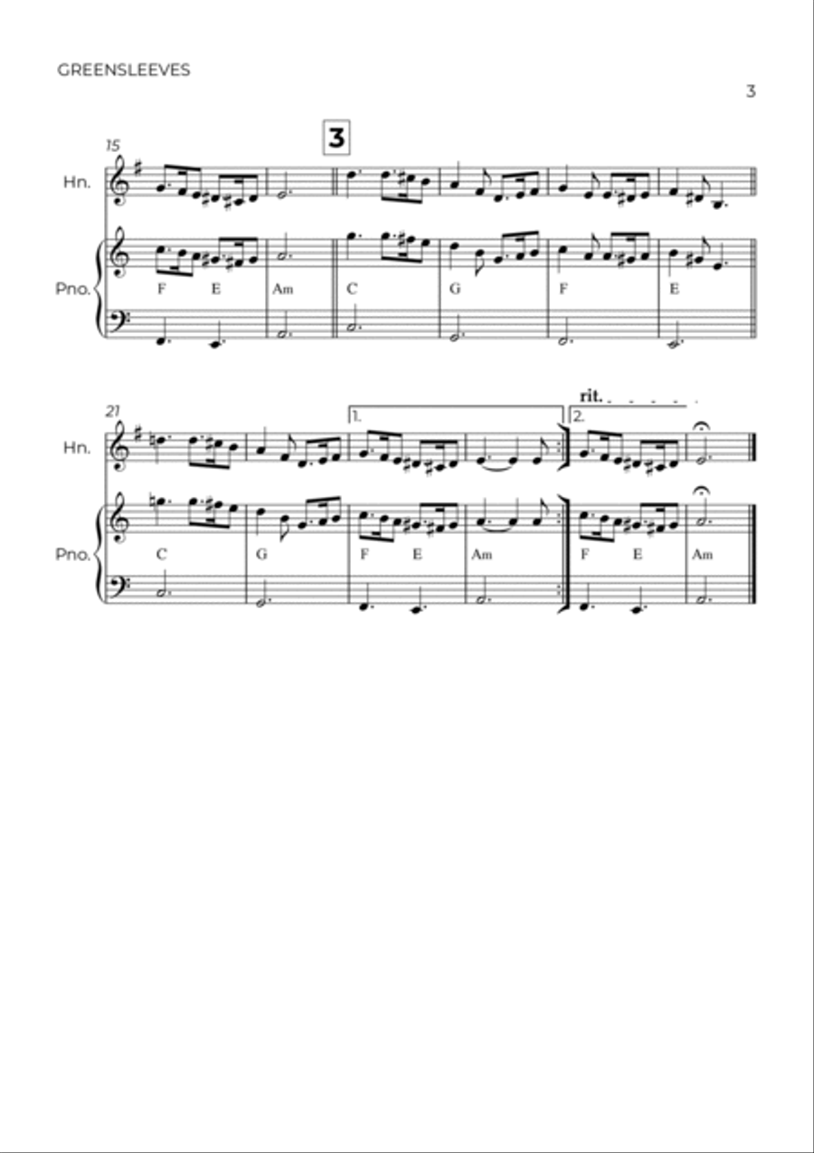GREENSLEEVES - ANONYMUS - HORN & PIANO Horn scores gallery preview page 3