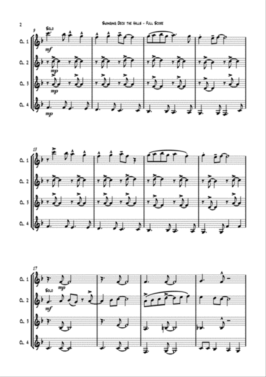 Swinging Deck the Halls - for Clarinet Quartet (4Bb) arr. Carson Yu Clarinet Quartet scores gallery preview page 5