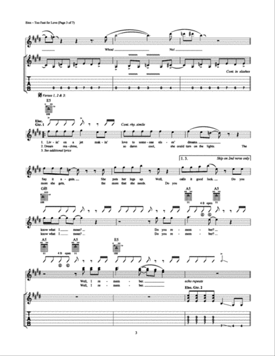 Too Fast for Love Electric Guitar scores gallery preview page 3