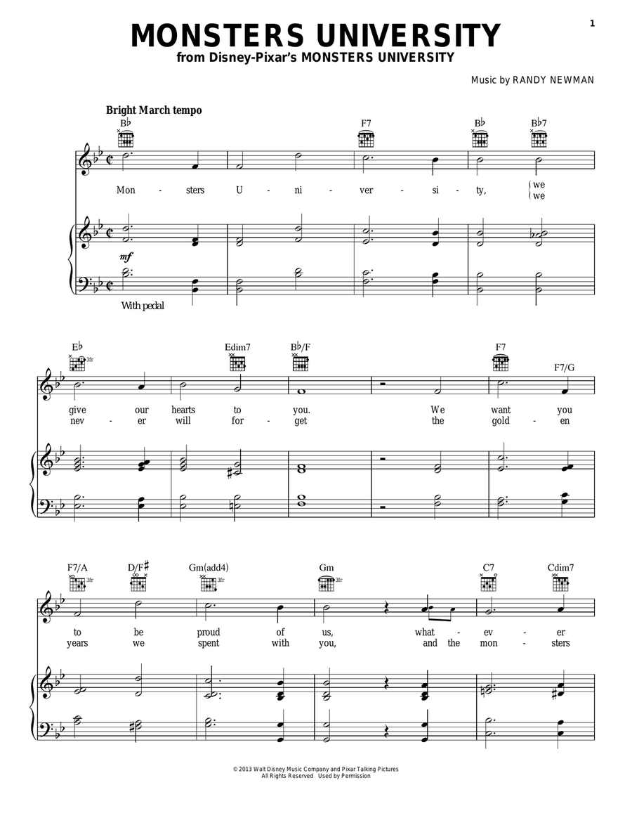 Monsters University Piano, Vocal, Guitar scores gallery preview page 1