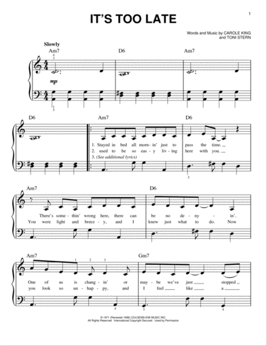 It's Too Late It's Too Late Easy Piano scores gallery preview page 1